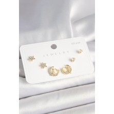Youday Accessories 925 Ayar Gümüş Çivi Zirkon Taşlı Hilal Yıldız Model Kadın Küpe Seti