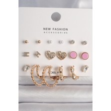 Youday Accessories Pirinç Gold Renk Zirkon Taşlı Burug Halka Model Işlemeli Kalp Detay 9 Çift Kadın Küpe Seti