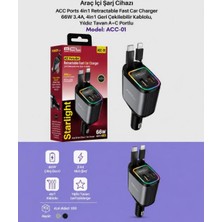 TeknoBeyza Acl Acc-01 66W Hızlı Araç Şarj Cihazı – 4’ü 1 Arada Geri Çekilebilir Kablolu, Type-C + USB Girişli, LED Işıklı Çakmaklık Şarj Aleti