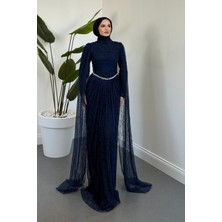 Merven Akyüz Mahzel Arkası Drapeli Dantel Abiye Lacivert