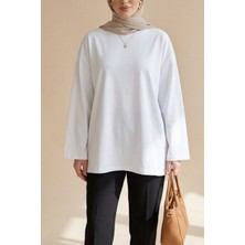 Moda Morfo Yuvarlak Yaka Salaş Penye Tunik  -Beyaz