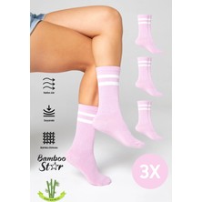 Bamboo Star Bambu Tenis Pembe Çizgili Premium  Kolej Çorabı Unisex Beyaz Dikişsiz Soket Çorap 3'lü Paket
