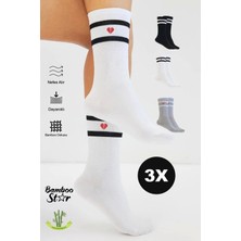 Bamboo Star Bambu Kalp Desenli Çizgili Premium  Kolej Çorabı Unisex Dikişsiz Soket Çorap 3'lü  Asorti Paket