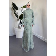 Merven Akyüz Norae Göğsü Büzgülü Dantel Abiye Mint