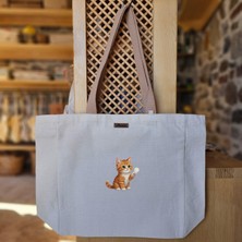 Bumudur Aksesuar Sevimli Turuncu Kedi Oyun Zamanı Cute Orange Cat Baskılı Naturel Kanvas Bez Çanta Açık Kahve Sap Beyaz Cırt Cırtlı Suluk Tutuculu - Küçük