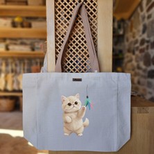 Bumudur Aksesuar Oynayan Kedi Figürü Playing Cat Figure Baskılı Naturel Kanvas Bez Çanta Açık Kahve Sap Beyaz Cırt Cırtlı Suluk Tutuculu - Büyük
