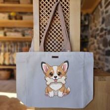 Bumudur Aksesuar Sevimli Corgi ile Kemik Cute With A Bone Baskılı Naturel Kanvas Bez Çanta Açık Kahve Sap Beyaz Cırt Cırtlı Suluk Tutuculu - Büyük