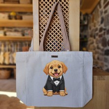Bumudur Aksesuar Şık Tuxedo ile Gülümseyen Yavru Köpek Baskılı Naturel Kanvas Bez Çanta Açık Kahve Sap Beyaz Cırt Cırtlı Suluk Tutuculu - Büyük