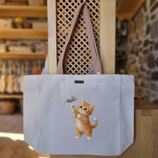 Bumudur Aksesuar Oynamak Isteyen Sevimli Kedi Playful Cat Baskılı Naturel Kanvas Bez Çanta Açık Kahve Sap Beyaz Cırt Cırtlı Suluk Tutuculu - Büyük