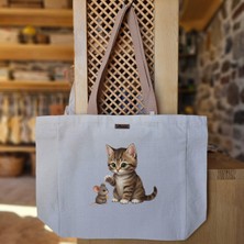 Bumudur Aksesuar Sevimli Kedi ve Fare Dostluğu Cute Cat And Mouse Friendship Baskılı Naturel Kanvas Bez Çanta Açık Kahve Sap Beyaz Cırt Cırtlı Suluk Tutuculu - Büyük