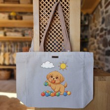 Bumudur Aksesuar Neşeli Yavru Köpek ve Renkli Toplar Happy Puppy And Colorful Balls Baskılı Naturel Kanvas Bez Çanta Açık Kahve Sap Beyaz Cırt Cırtlı Suluk Tutuculu - Büyük