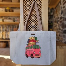 Bumudur Aksesuar Renkli Seyahat Aracı Colorful Travel Vehicle Baskılı Naturel Kanvas Bez Çanta Açık Kahve Sap Beyaz Cırt Cırtlı Suluk Tutuculu - Büyük