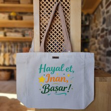Bumudur Aksesuar Yeşil Turuncu Yıldızlı Logo Dinamik ve Ilham Verici Tasarımı Baskılı Naturel Kanvas Bez Çanta Açık Kahve Sap Beyaz Cırt Cırtlı Suluk Tutuculu - Büyük