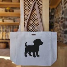 Bumudur Aksesuar Sevimli Köpek Silueti Cute Dog Silhouette Baskılı Naturel Kanvas Bez Çanta Açık Kahve Sap Beyaz Cırt Cırtlı Suluk Tutuculu - Büyük