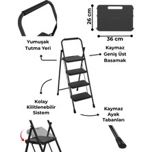 Asil 4 Basamaklı Taşıma Kulplu Katlanır Siyah Metal Merdiven | Güvenlik Kilitli, Taşıma Kulplu Kaymaz Basamaklı Merdiven