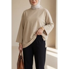 Moda Morfo Yuvarlak Yaka Salaş Penye Tunik  -Açık Vizon