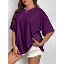 Kadın %100 Pamuk Oversize Basic Tişört Bisiklet Yaka Yumuşak Kumaş Rahat Salaş