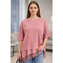 Saten Detaylı Dantel Detaylı Asimetrik Tişört \ T-Shirt