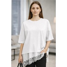 Saten Detaylı Dantel Detaylı Asimetrik Tişört \ T-Shirt