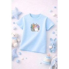 Unicorn Baskılı Sevimli Kız Erkek Çocuk Tshirt Tişört Tee Rahat Yumuşak 100% Pamuk