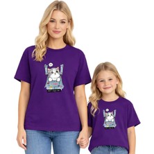 Anne Kız Kombin Mor Tişört – %100 Pamuk, Unisex Oversize, Baskılı, Günlük Rahat T-Shirt