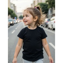 Kız Çocuk Tişört %100 Pamuk Oversize Rahat Kalıp Basic T-Shirt + Siyah Şort Hediyeli