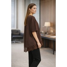 Saten Detaylı Dantel Detaylı Asimetrik Tişört \ T-Shirt