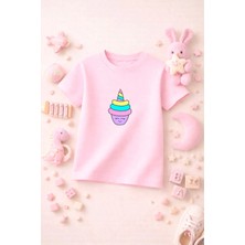 Unicorn Baskılı Sevimli Kız Erkek Çocuk Tshirt Tişört Tee Rahat Yumuşak 100% Pamuk
