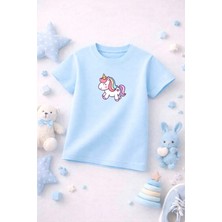 Unicorn Baskılı Sevimli Kız Erkek Çocuk Tshirt Tişört Tee Rahat Yumuşak 100% Pamuk