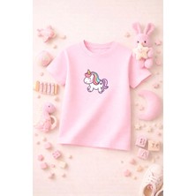 Unicorn Baskılı Sevimli Kız Erkek Çocuk Tshirt Tişört Tee Rahat Yumuşak 100% Pamuk