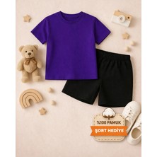 Çocuk %100 Pamuk Basic Tişört – Şort Hediyeli, Rahat Kalıp, Günlük Yazlık Kombin