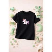 Unicorn Baskılı Sevimli Kız Erkek Çocuk Tshirt Tişört Tee Rahat Yumuşak 100% Pamuk
