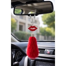 Baghes Incili Kırmızı Dudak Figürlü Dikiz Aynası Süsü – Püsküllü Araç Aksesuarı