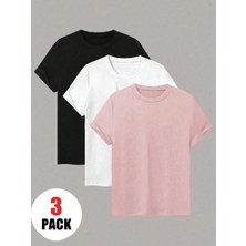 %100 Pamuk Oversize Kalıp Bisiklet Yaka 3 Adet Tişört\t-Shirt