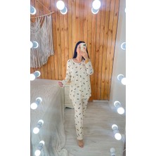 By Gamze Arman Düğmeli Ayıcık Desenli Hamile ve Lohusa Pijama Takımı