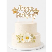 Liya3D Happy Birthday Pasta Süsü Çiçekli Gold Beyaz Pasta Üstü Süs Doğum Günü Dekoru