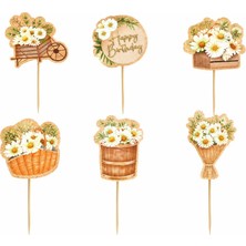 Liya3D 6’lı Papatya Temalı Pasta Süsü Happy Birthday Çiçekli Pasta Üstü Süs Seti Doğum Günü Dekoru
