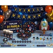 Liya3D Uzay Temalı Doğum Günü Seti 31 Parça Premium Parti Seti – Tabak Bardak Pasta Süsü Roket Balon Banner