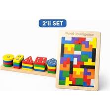 Bloomin 5’li Ahşap Bultak Geometrik Şekil Yerleştirme ve Tetris Blok Puzzle Eğitici Oyuncak Seti