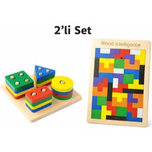 Bloomin 4’lü Ahşap Bultak Geometrik Şekil Yerleştirme ve Tetris Blok Puzzle Eğitici Oyuncak Seti