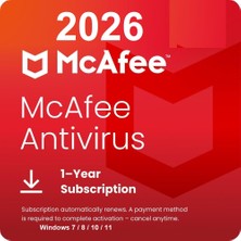 Mcafee Antivirus (Windows) - 1 Pc 1 Yıl Orijinal Resmi Site Kodu (Mail Adresinize Tanımlanır)