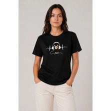 Nidam Butik Müzik Temalı Baskılı Tişört Bisiklet Yaka Kısa Kol T-Shirt - Siyah