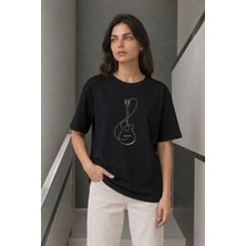 Alyn Wear Minimal Gitar Baskılı Tişört T-Shirt Yazlık Kısa Kol Bisiklet Yaka T-Shirt - Siyah