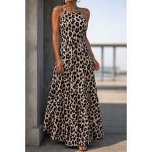 Bi Baksana Kadın Omuzlardan Açık Ip Askılı Desenli Uzun Süprem Elbise