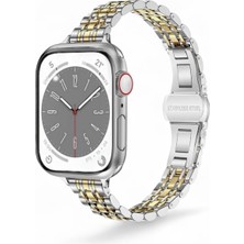 FirstModel Apple Watch Slim Rolex Stil Paslanmaz Çelik Kordon ( Seri 10 - 42 mm Uyumlu) Gümüş Altın