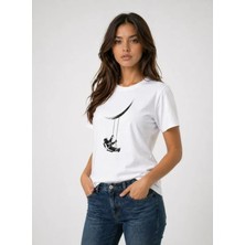 Mç Plus Astronot Ay Temalı Tişört Kısa Kol Yazlık Bisiklet Yaka T-Shirt - Beyaz