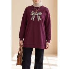 Moda Morfo Yuvarlak Yaka Fiyonk Baskılı Salaş Oyşo Tunik -Mürdüm