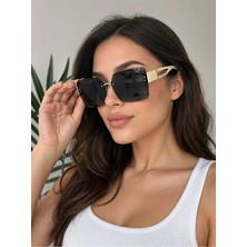 Liya3D Kadın Kare Çerçevesiz Güneş Gözlüğü Siyah Cam Altın Detay UV400 Korumalı Lüks Tasarım