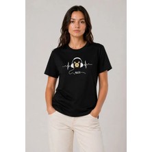 Defy Moda Müzik Temalı Baskılı Tişört Bisiklet Yaka Kısa Kol T-Shirt - Siyah