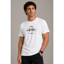Defy Moda Erkek Müzik Temalı Baskılı Tişört Bisiklet Yaka Kısa Kol T-Shirt - Beyaz